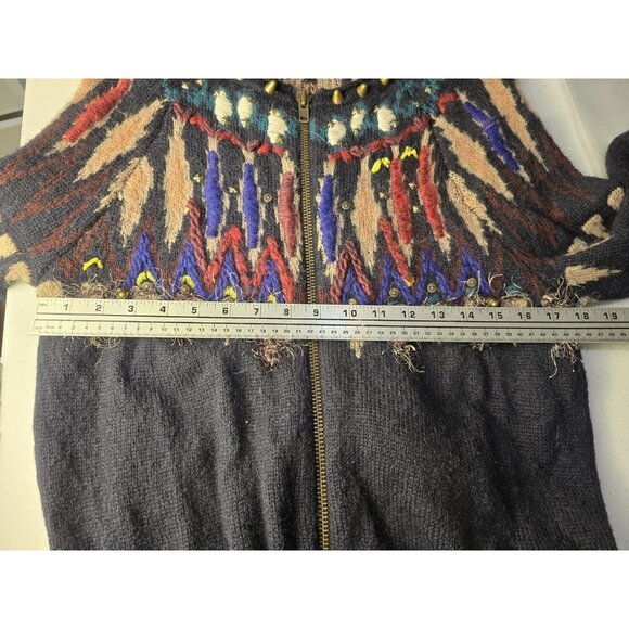 Free People Aztec Navajo Cardi Sweater Studded Zip Front Mohair Wool Blend Sz L - Picture 8 of 9